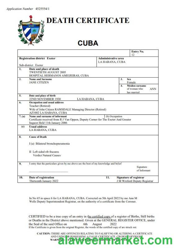 Cuba death certificate Word and PDF template